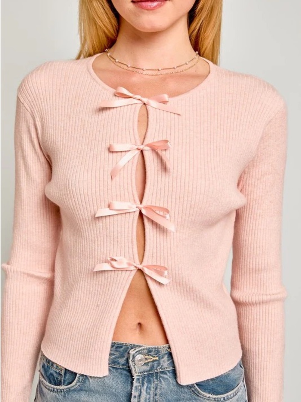 Altar'd State Blush Ribbed Crewneck Sweater with Bow Ties